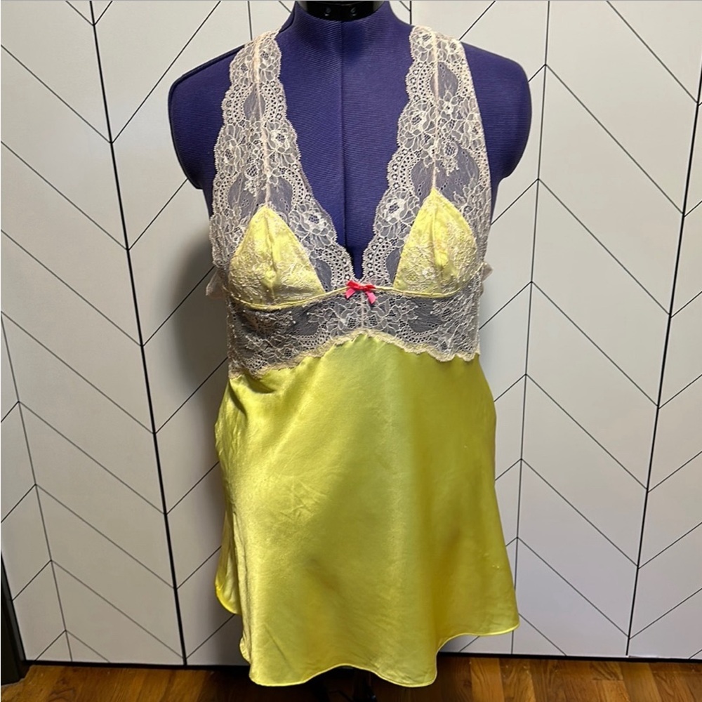 Victoria/s Secret Yellow Satin and Lace Silky Slip Chemise L